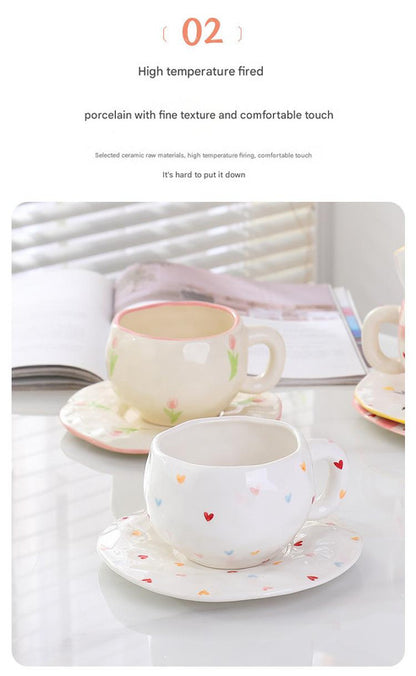 Hand-Painted Ceramic Coffee Cup and Saucer Set - Vintage Afternoon Tea(Red small florals)