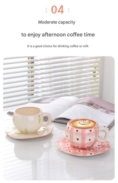 Hand-Painted Ceramic Coffee Cup and Saucer Set - Vintage Afternoon Tea(Red small floral branches)