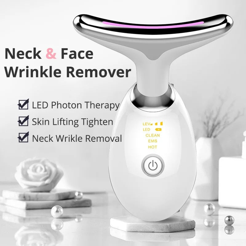 LED Photon Therapy Neck and Face Wrinkle Remover - Skin Tightening Device with EMS and Heat(white)