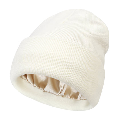 Premium Warm Beanie with Silk Satin Lining(White)