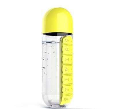 Two 2-in-1 Water Bottle with 7-Day Pill Organizer - 600ml BPA-Free, Portable & Leakproof(Yellow)
