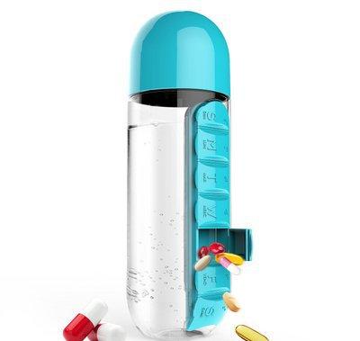 Two 2-in-1 Water Bottle with 7-Day Pill Organizer - 600ml BPA-Free, Portable & Leakproof(Blue)