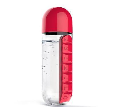 Two 2-in-1 Water Bottle with 7-Day Pill Organizer - 600ml BPA-Free, Portable & Leakproof(Red)