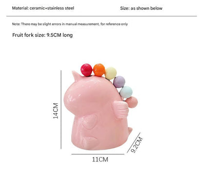 Adorable Unicorn Ceramic Fruit Fork Holder Set - Includes Stainless Steel Forks with Ball Tops(green)