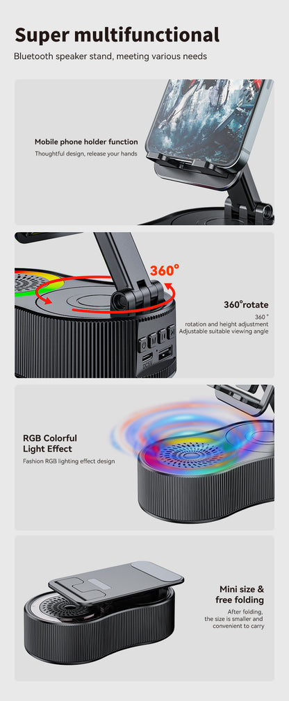 Foldable Bluetooth Speaker with 360 Rotating Phone/Tablet Stand & RGB Lights - HIFI Surround Sound(White)