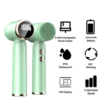 Green 6-in-1 Electric Facial Cleansing Brush Set - Rechargeable & Waterproof