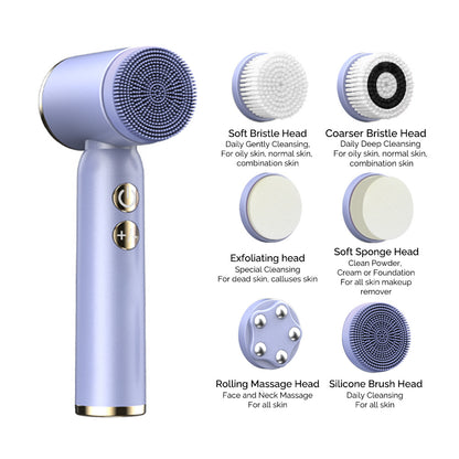 Green 6-in-1 Electric Facial Cleansing Brush Set - Rechargeable & Waterproof