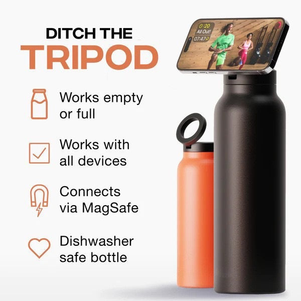 Stainless Steel Insulated Water Bottle with Integrated Magnetic Phone Stand - Orange (24oz)