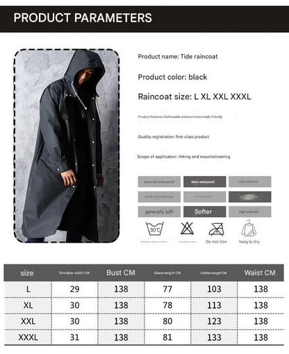 Stylish Black Trench Raincoat - Extra Long, Hooded, for Hiking & Fishing - XXXL