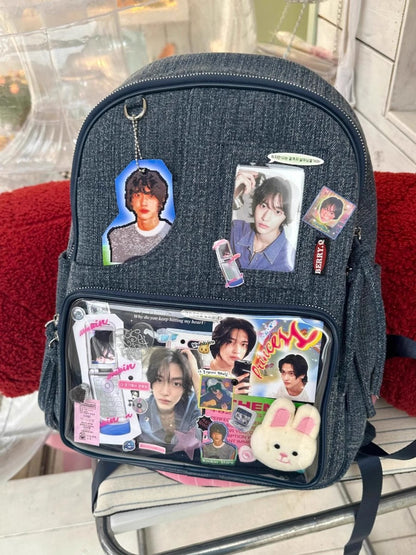 Dark blue Large Capacity Anime Denim Bookbag for School Commute  Anime Fans