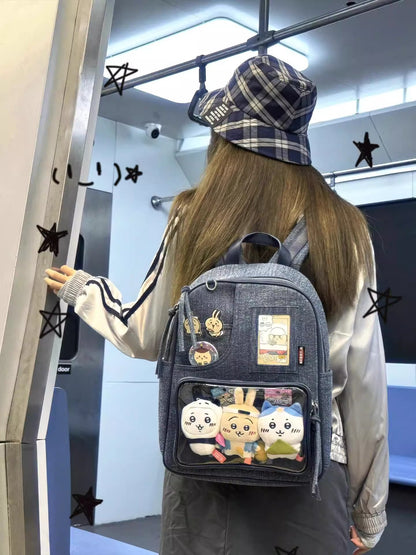 Dark blue Large Capacity Anime Denim Bookbag for School Commute  Anime Fans