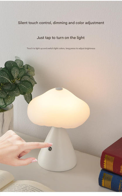 Gray Mushroom LED Table Lamp - Rechargeable, 3-Color Touch Dimmable, USB-C