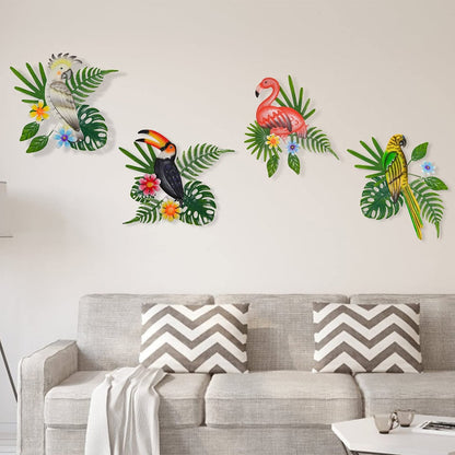 2 Pcs Red and Green Vibrant Flamingo Metal Wall Art - Tropical Leaves & Flowers Decor