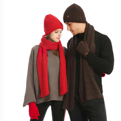 Black Men's 3-Piece Winter Warm Ribbed Knit Beanie Hat Scarf and Gloves Set