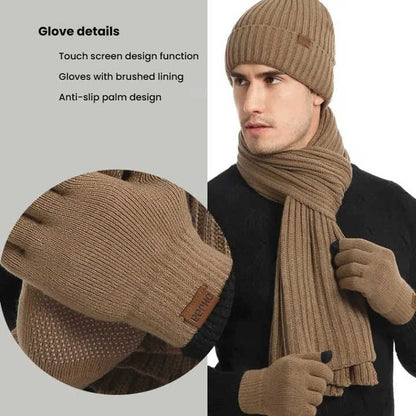 Coffee Men's 3-Piece Winter Warm Ribbed Knit Beanie Hat Scarf and Gloves Set