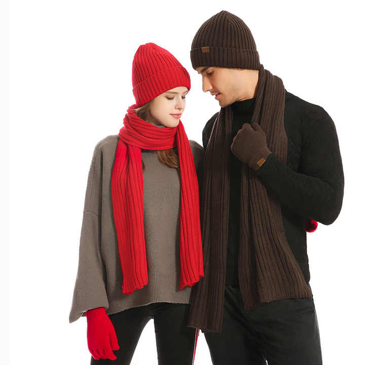 Coffee Men's 3-Piece Winter Warm Ribbed Knit Beanie Hat Scarf and Gloves Set