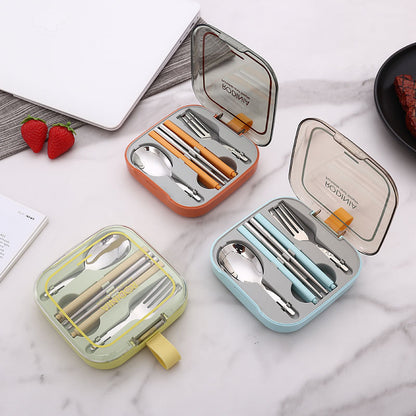 2 Sets Blue And Grey Portable Stainless Steel Cutlery Set -  Reusable Utensils (2 Fork, 2 Spoon, 2 pairs of Chopsticks) with Compact Travel Case
