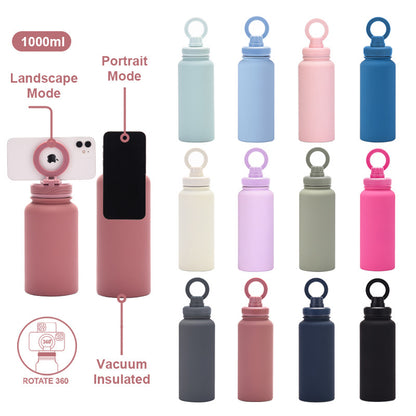 Brown 1L Stainless Steel Water Bottle with Magnetic Phone Holder Lid - Portable Hydration & Hands-Free Stand