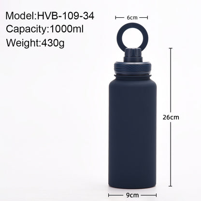 Black 1L Stainless Steel Water Bottle with Magnetic Phone Holder Lid - Portable Hydration & Hands-Free Stand