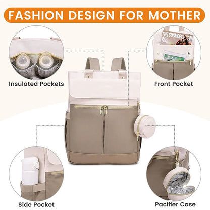 Pink and Grey Stylish Nappy Bag Backpack - Multi-Functional Diaper Bag with Insulated Pockets, Changing Pad & Pacifier Case