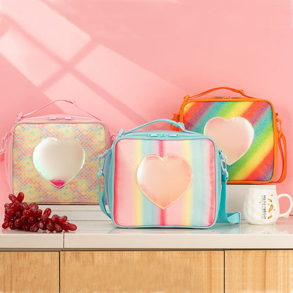 Orange Sparkling Rainbow Heart Insulated Lunch Bag for Kids - Portable School Lunch Box with Shoulder Strap