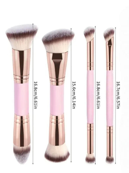 Pink and Glod Versatile 4pc Dual-Ended Makeup Brush Set - Soft Synthetic Bristles for Foundation Blush Contour Concealer