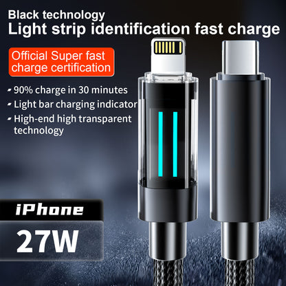 2 Pcs Black 27W USB-C to Lightning Fast Charging Cable with Smart LED Indicator - Braided Cord for iPhone & iPad