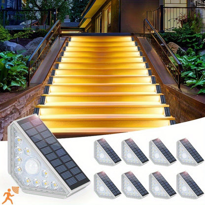 4 Pcs White Bright 14-LED Solar Powered Step Lights - Automatic Outdoor Waterproof Illumination for Stairs, Deck, Pathway & Garden (Warm White)