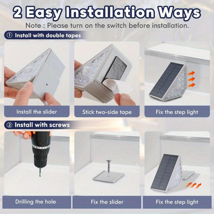 4 Pcs White Bright 14-LED Solar Powered Step Lights - Automatic Outdoor Waterproof Illumination for Stairs, Deck, Pathway & Garden (Warm White)