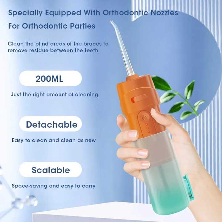 Orange And Green Smart Telescopic Portable Water Flosser - USB Rechargeable Oral Irrigator, IPX7 Waterproof, 3 Modes & 4 Nozzles