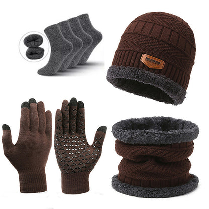 Brown Men's 5-Piece Winter Essentials Set -  Lined Beanie Hat, Neck Warmer, Touchscreen Gloves & 2 Pairs Thermal Socks