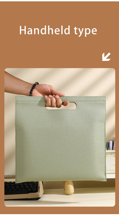 Khaki Professional A4 PU Leather Document Bag - Waterproof Handheld File Folder Portfolio for Business & Conference
