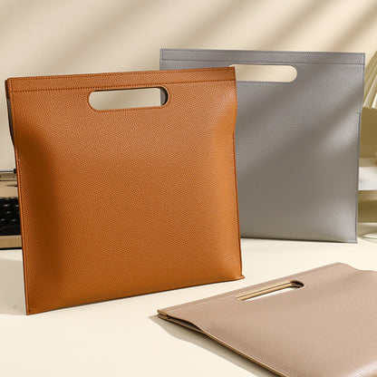 Grey Professional A4 PU Leather Document Bag - Waterproof Handheld File Folder Portfolio for Business & Conference