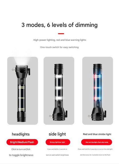 Red 8-in-1 Solar Powered Emergency Car Safety Hammer Flashlight - Window Breaker, Seatbelt Cutter, Alarm & Power Bank