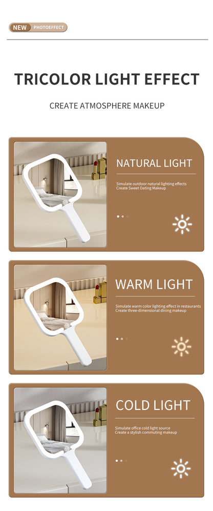 Light Yellow Round Portable Handheld LED Makeup Mirror - USB-C Rechargeable with 3 Color Light Modes for On-The-Go Touch-Ups
