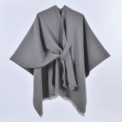 Grey Elegant Soft Knit Poncho Cape - Warm Autumn Winter Shawl Wrap with Side Tie, Thick & Luxurious Feel
