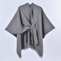 Grey Elegant Soft Knit Poncho Cape - Warm Autumn Winter Shawl Wrap with Side Tie, Thick & Luxurious Feel