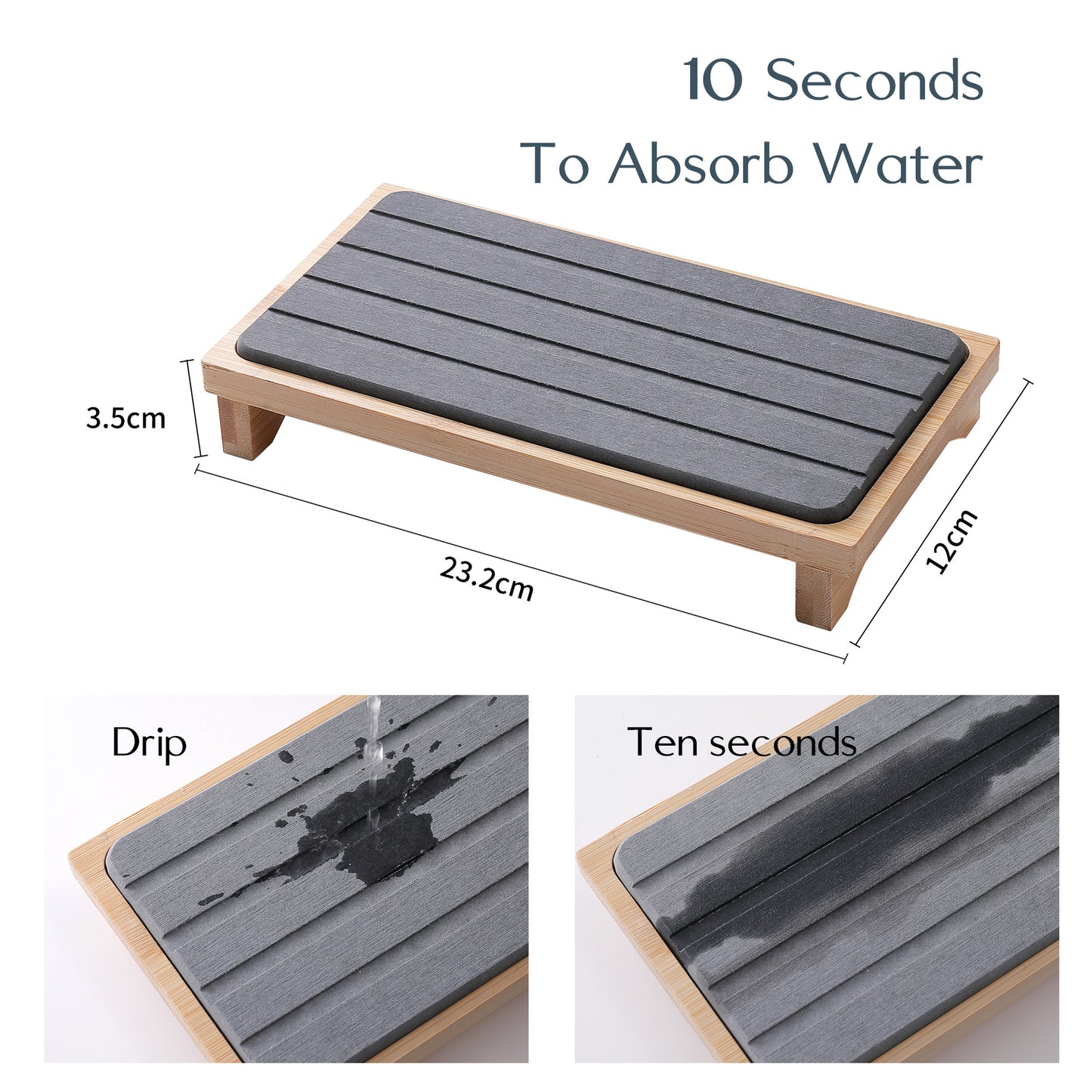 White Natural Diatomaceous Earth Absorbent Drying Tray with Bamboo Base - Quick-Dry Stone Mat for Kitchen & Bathroom Sink