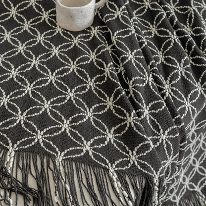 Orange Cozy Geometric Knitted Throw Blanket with Tassels - Soft Acrylic Decorative Sofa & Bed Cover, 130x180cm
