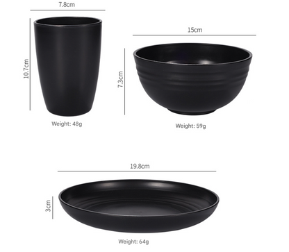 Stylish Black Wheat Straw Dinnerware Set - 24 Pieces Including Plates, Bowls & Cups