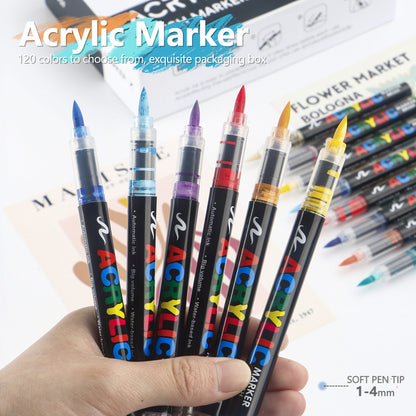 24 Colour Set Vibrant Cyan Acrylic Marker with Soft Brush Tip - 13.8 cm Professional Art Pen