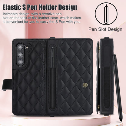 Brown Galaxy Z Fold5 Multi-Functional Leather Wallet Case for Samsung Z Fold Series - Crossbody with Pen Slot, Quilted Design Pen Not Included
