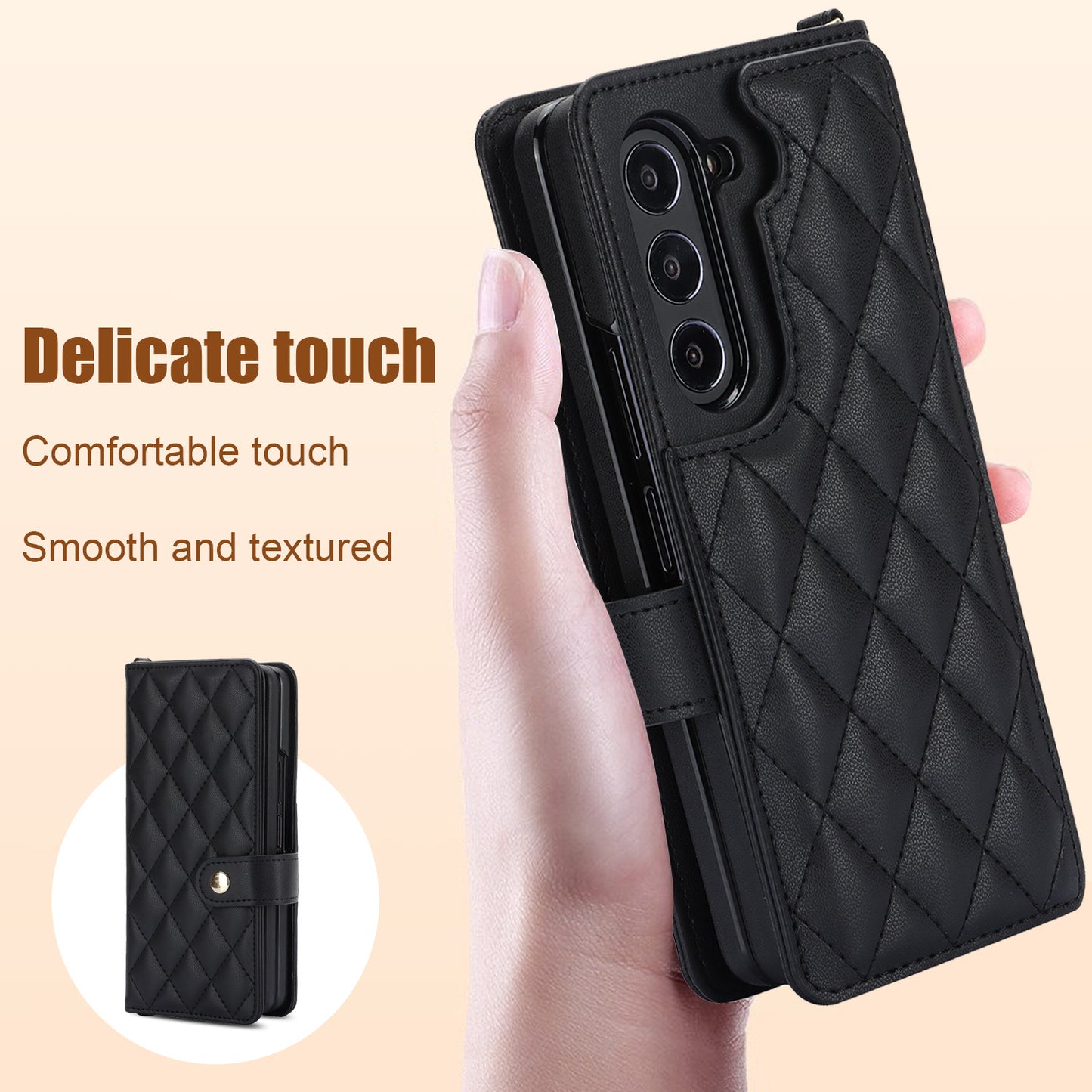 Rose Gold Galaxy Z Fold6 Multi-Functional Leather Wallet Case for Samsung Z Fold Series - Crossbody with Pen Slot, Quilted Design Pen Not Included