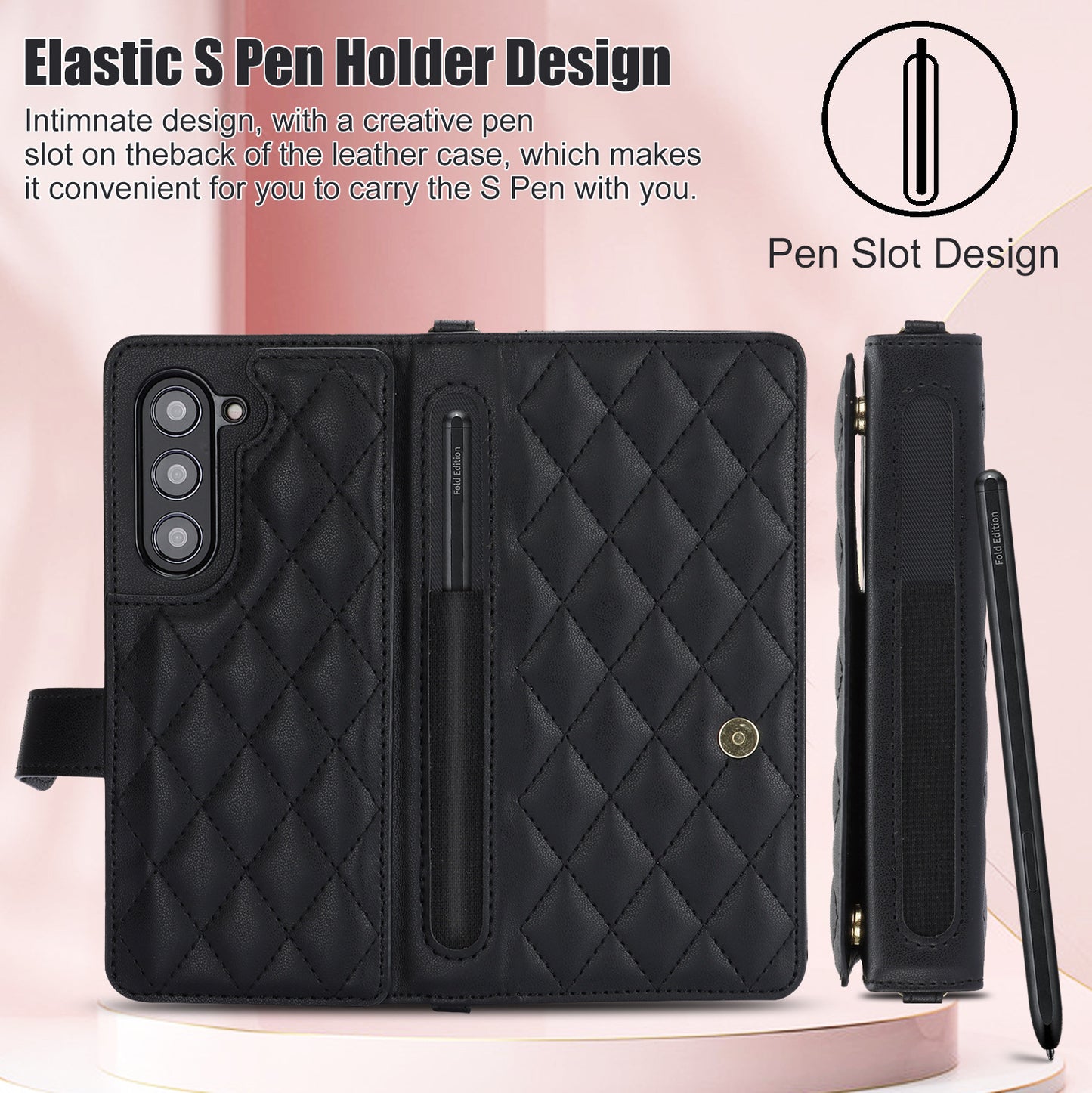 Rose Gold Galaxy Z Fold6 Multi-Functional Leather Wallet Case for Samsung Z Fold Series - Crossbody with Pen Slot, Quilted Design Pen Not Included