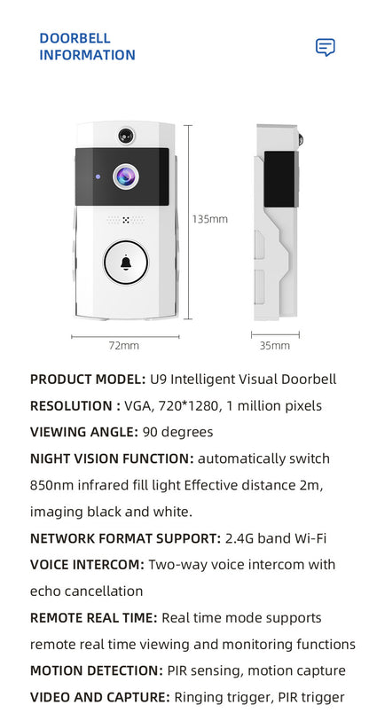 U9 Visual Doorbell HD Wireless Video Doorbell with Long-Lasting Battery