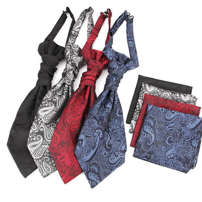 Men's Formal Paisley Ascot Cravat & Pocket Square Set - Adjustable Necktie for Weddings(Dark Gray pattern)