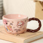 Whimsical Cat & Friends Ceramic Mug - 320ml with Unique Twisted Handle (pink)