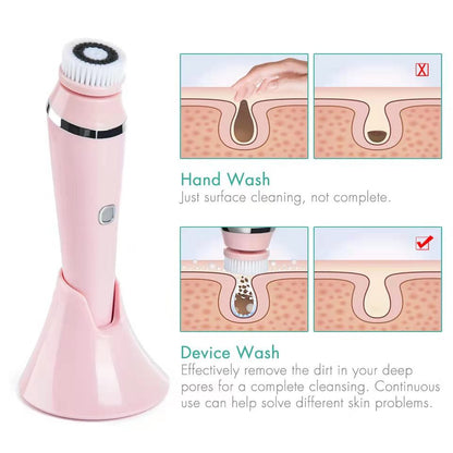 4-in-1 Electric Facial Cleansing Brush & Massager - IPX6 Waterproof, 3 Speeds, Bi-Directional Spin, USB Rechargeable(Pink)