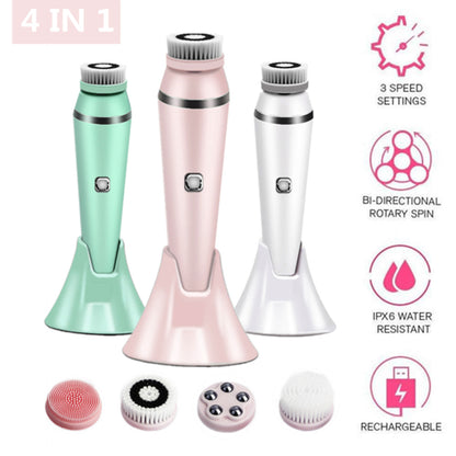 4-in-1 Electric Facial Cleansing Brush & Massager - IPX6 Waterproof, 3 Speeds, Bi-Directional Spin, USB Rechargeable(Light green)