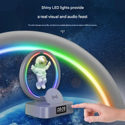 Astronaut Levitating Bluetooth Speaker Lamp - Wireless Charging, RGB Light, Clock, FM Radio & Multi-Input(gold)